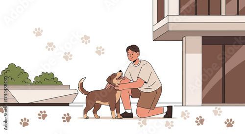 Vector illustration of a man embracing his dog outside a modern building near vegetation and paw