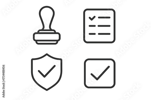 Check mark and approval icon set. Line art vector illustration of stamp, checklist, verified shield, and accepted symbols. Quality control, confirmation and guarantee concept.