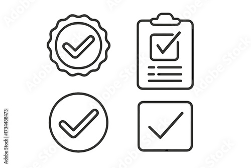 Check mark web icons in line style. Includes stamp, checklist, verified, approval, and accepted symbols. Vector illustration set for tasks done, quality control, and success concepts.