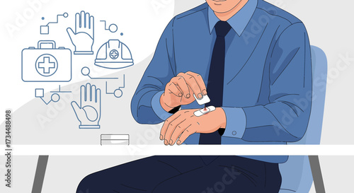 Vector illustration of a worker applying a bandage to his wrist as part of safety measures at work