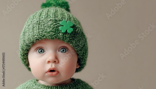 Amusing Baby Celebrates St. Patrick'S Day In A Green Hat Adorned With A Shamrock, Spreading Joy And Cheer Everywhere.