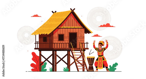 Vibrant cultural illustration of a traditional house and a dancer celebrating heritage