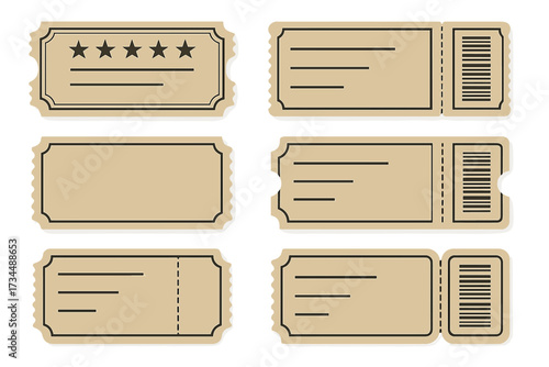 Big set of retro ticket templates in vintage style. Vector collection of blank coupons, vouchers and event passes. Concert, cinema or raffle stub mockups with barcode. Admit one.