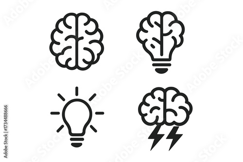 Brain icon set for creative idea and brainstorm. Light bulb symbol for innovation, solution, intelligence. Mind power, thinking process, knowledge and inspiration vector icons.