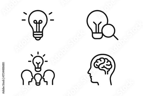 Creativity and idea icon set. Line art symbols for innovation, brainstorming, and finding solutions. Vector graphic of lightbulb, brain, teamwork and creative thinking.