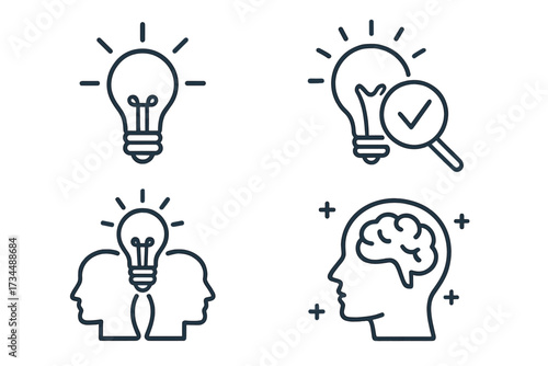 Creativity and idea line icon set. Concepts for brainstorming, finding solutions, innovation, and creative thinking. Vector symbols for mind, brain, business strategy, and inspiration.