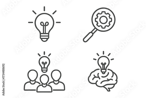 Creativity and idea web icons in thin line style. Brainstorming, finding solution, teamwork. Creative thinking, mind, innovation concept. Vector illustration symbol set.