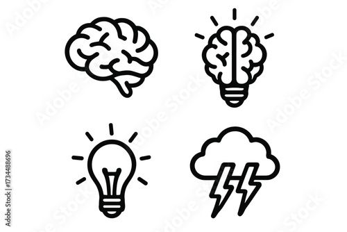 Brain icon set. Creative idea symbol. Brainstorming and innovation concept. Mind, thinking, intelligence, and solution. Light bulb and lightning storm. Vector line icons.