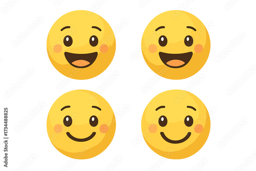 Fototapeta premium Set of cute smiling emoticons. Happy face emoji collection. Vector illustration of yellow cartoon characters with positive emotions. Kawaii smiley icons for chat or design.