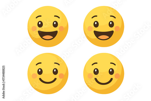 Set of cute smiling emoticons. Happy face emoji collection. Vector illustration of yellow cartoon characters with positive emotions. Kawaii smiley icons for chat or design.