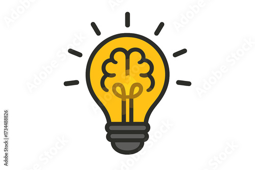 Bright idea lightbulb with brain icon. Concept for creativity, innovation, and brainstorming. Intellectual property, knowledge, and thinking symbol. Metaphor for inspiration and problem solving.