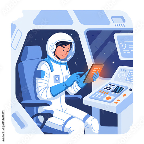 Astronaut in Spaceship Cockpit Using Tablet Digital Space Technology Illustration