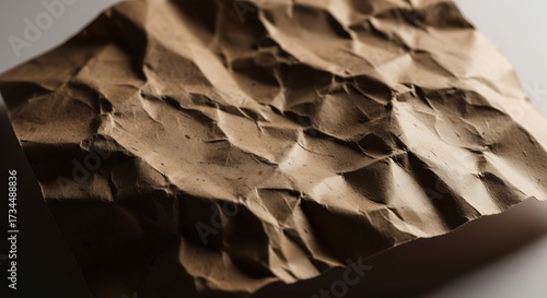Wrinkled brown paper sheet with rough edges and creases under dim lighting