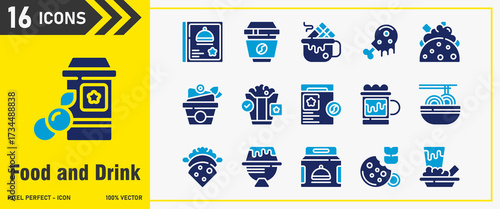 Food and Drink icon set. Editable Stroke Icon Collection. beans shop, beer, crepes, cake party, package, food. Duotone icons, icon interface, icon pack, vector collection.