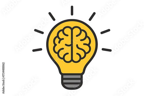 Bright idea icon with light bulb and brain. Metaphor for creativity, innovation, intelligence. Concept for brainstorming, problem solving, solution, thinking, knowledge, learning.