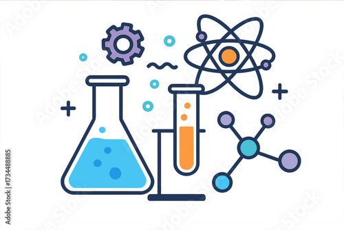 Science research concept vector. Chemistry laboratory experiment illustration. Physics atom, molecule structure. Biology, biotechnology flat icon set. Education, discovery process.
