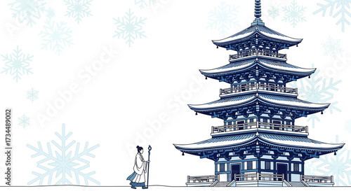 Winter Serenity: A Traditional Pagoda Scene with Snowflakes and a Solitary Figure