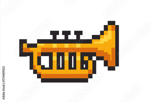 Pixel art trumpet icon. 8 bit retro music instrument. Golden brass horn for video game asset. Classic jazz sound symbol. Marching band graphic. Vector illustration isolated.