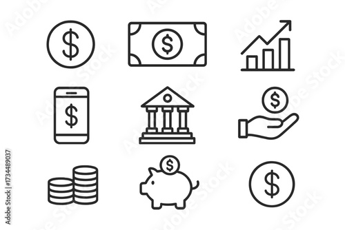 Finance and money line icon set. Banking, investment, and savings concepts. Dollar sign, piggy bank, coin, chart growth, and mobile payment symbols for web and infographics.