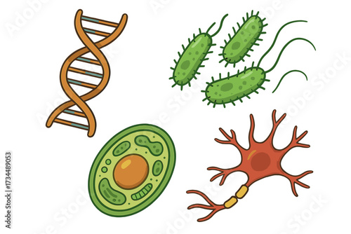Biology icon set. DNA helix, neuron, bacteria, and plant cell. Science vector illustration collection. Microbiology, genetics, and neuroscience concept. Medical or educational graphic.