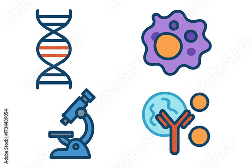 Science icon set. Biology, chemistry, genetics. DNA, microscope, antibody, virus cell icons. Medical research, laboratory test. Immunology, microbiology, virology concept.