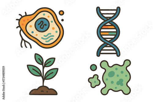 Science and biology icon set. Vector cartoon illustrations of cell structure, DNA helix, plant growth, and bacteria. Icons for microbiology, genetics, botany, and research concepts.
