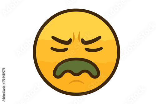 Disgusted emoticon vector illustration. Sick emoji face with green mouth expressing nausea and revulsion. Gross, unwell, yucky character. Unpleasant feeling or bad smell concept.