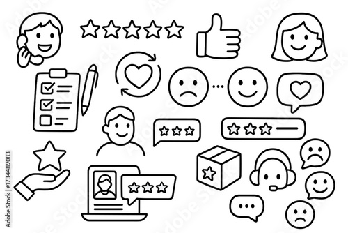 Customer review icon set. Feedback and satisfaction concept. User experience rating. Hand drawn line art survey and support symbols. Testimonial doodle collection. Star rating.