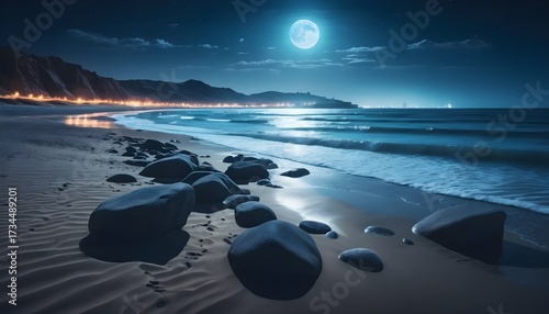 Moonlit beach scene coastal landscape night photography tranquil environment serene view