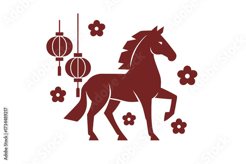 Chinese New Year 2026, Year of the Horse. Vector graphic design with geometric horse silhouette, traditional asian lanterns and sakura flowers. Lunar holiday celebration concept.