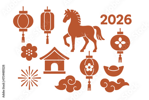Chinese New Year 2026 Year of the Horse elements set. Collection of oriental icons and modern flat silhouettes. Asian zodiac culture symbols, lantern, firework, cloud vector.
