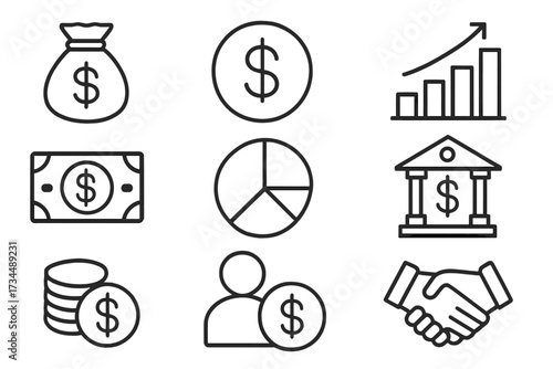 Business and finance thin line icon set. Money, banking, and investment symbols. Vector collection with dollar, growth chart, bank, handshake, and pie chart for web or mobile.