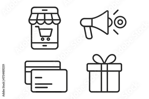 E-commerce and shopping icon set. Line style web icons for online business. Mobile shop, digital marketing, bank card payment and gift promotion concept vector illustration.