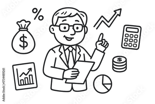 Financial advisor doodle concept. Businessman success cartoon. Investment analysis. Man with money bag, charts, calculator. Profit growth. Finance sketch vector illustration.