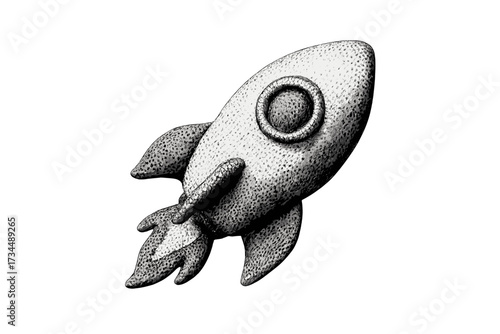 Halftone rocket launch for business startup success. Modern 3d dotted collage element. Creating ideas and innovation concept. Metaphor for fast project growth and speed.