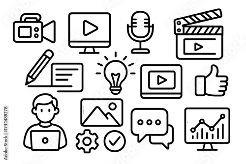 Content creation doodle icon set. Vector line icons for video production, media, podcasts, writing. Unlocking creativity with feedback and analytics for digital marketing concept.