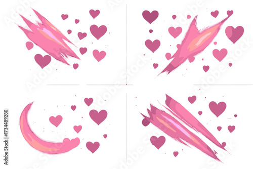 Set of romantic pink hearts with abstract light refraction effects. Crystal glow, flare, and reflection for Valentine's Day design. Love-themed vector graphic collection.