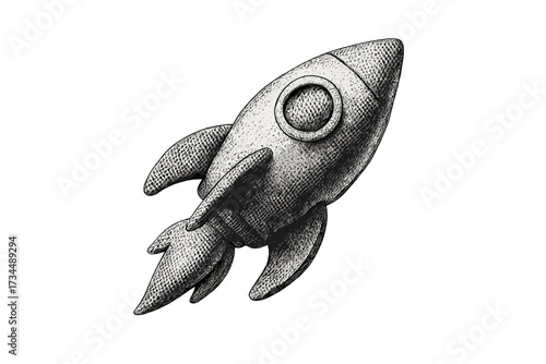 Rocket launch for business startup. 3D halftone dotted modern collage element. Creating ideas concept, growth, success. Cut out newspaper illustration. Spaceship icon isolated.