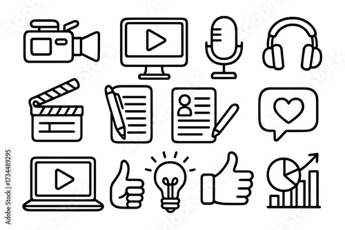 Content creation line icon set. Video production, podcast, vlogging, streaming, writing. Social media marketing, feedback, analytics. Digital media strategy. Vector illustration.