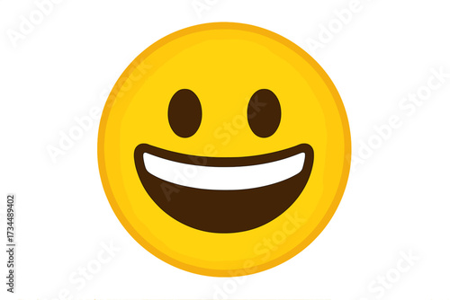 Grinning face emoticon with a huge smile. Happy yellow smiley emoji showing teeth. Vector character icon for joy, happiness and positive emotion. Cheerful cartoon illustration.