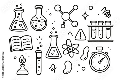 Science doodle icon set. Hand-drawn chemistry laboratory equipment collection. Vector line art of flask, test tube, molecule, and atom for education and research concepts.