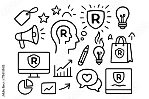 Branding doodle icon set. Marketing and brand identity concept. Hand drawn vector illustration of business strategy, advertising, promotion, trademark and corporate design elements.