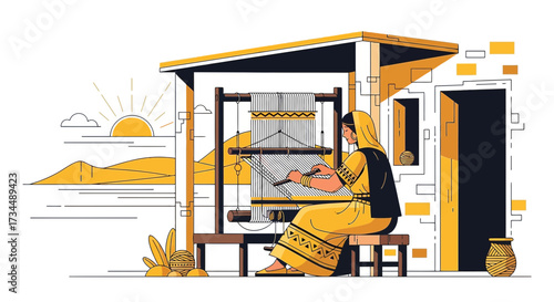 Woman weaving fabric on a traditional loom in a rural setting illustration style