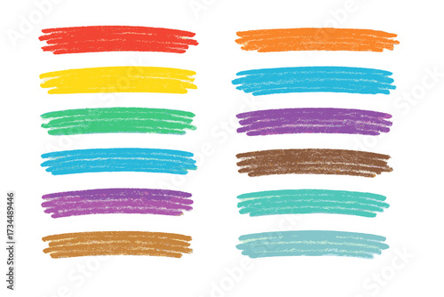 Set of colorful crayon brush strokes. Hand-drawn chalk scribble underline collection. Kid's style textured doodle for accent and emphasis. Vector graphic design elements.