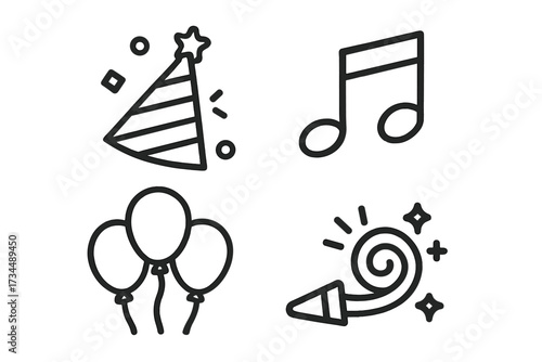 Party icon set for celebration and events. Line art vector symbols collection. Includes birthday hat, confetti, balloons, musical note, and party horn. Minimal outline style.