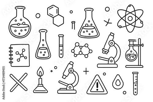 Science chemistry line icon set. Lab equipment doodle collection. Microscope, flask, atom, molecule, test tube, burner. Education research experiment vector outline elements.