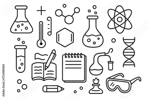 Science and chemistry line icon set. Laboratory equipment, biology, and research symbols. Vector collection of flask, molecule, DNA, atom, and notebook for education and experiment.