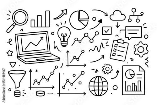 Data analytics doodle icon set. Vector cartoon illustration for business intelligence, market research, and statistics. Infographic banner with charts, graphs and diagrams.