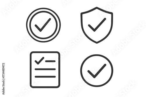 Check mark web icons in line style. Stamp, checklist, verified, approval, accepted concepts. Quality guarantee shield. Correct choice, yes vote, and task done symbols. Vector set.