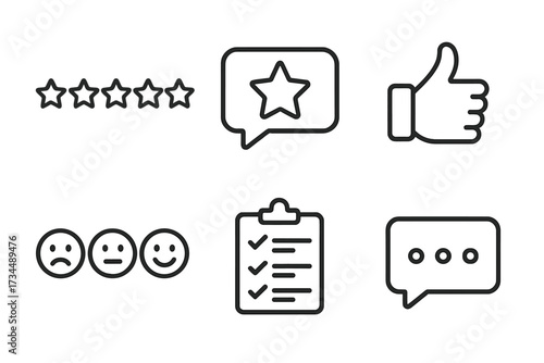 Feedback and review line icon set. Customer satisfaction, star rating, emotion symbols. User experience, survey, and quality test vector icons for web and mobile app UI/UX.